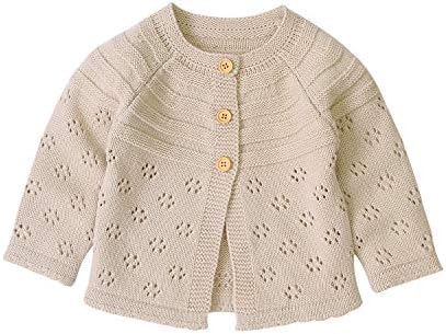 Infant Toddler Baby Girls Cardigan Sweater Long Sleeve Button Down Knitted Outwear Fall Winter Solid Color Knit Tops 0-18M (3-6 Months, Hollow-Flowers-Beige)