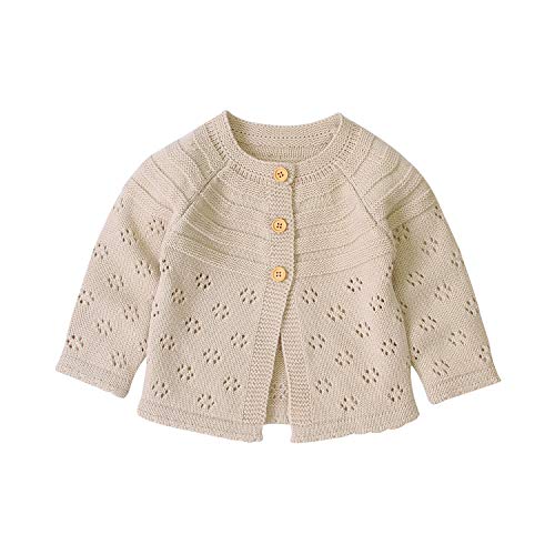 Infant Toddler Baby Girls Cardigan Sweater Long Sleeve Button Down Knitted Outwear Fall Winter Solid Color Knit Tops 0-18M (3-6 Months, Hollow-Flowers-Beige) #TOP13