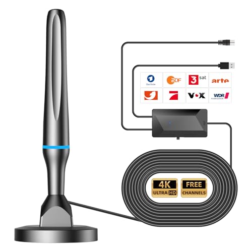 DVBT2 Antenne, zimmerantenne DVB-T & DVB-T2 Antennen mit Verstärker, Großer Reichweite und 360° Empfang, Zimmerantenne für Fernseher mit Starkem Magnetfuß, Geeignet für 4K 1080p & Alle TV