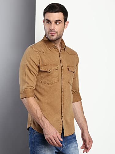 Image of Dennis Lingo Men's Solid Slim Fit Cotton Casual Shirt with Spread Collar & Full Sleeves