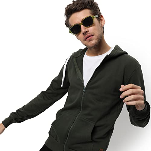 Image of CAHOOT Men's Dark Blue Zip-Front Hoodie with Contrast Drawstring for Casual Wear | Long Sleeve | Hooded Neck | Zipper Closure | Cotton Sweatshirt Crafted with Comfort Fit for Everyday Wear