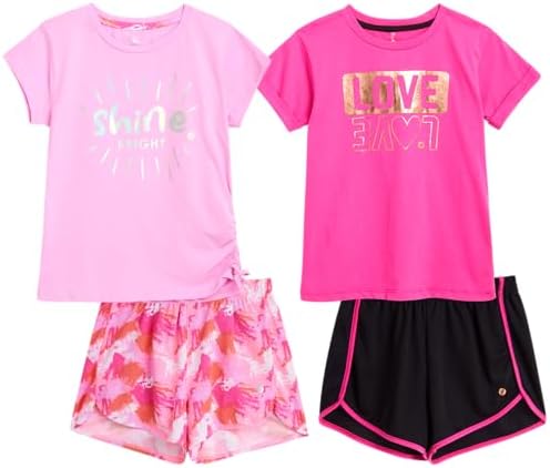 RBX Girls&#39; Active Shorts Set - 4 Piece Short Sleeve Performance T-Shirt and Shorts (Size: 7-12)