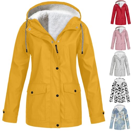KOG Winterjacke Damen Fleecejacke Wasserdicht Regenjacke Regenmantel Windbreaker mit Kapuze Warme Outdoor Jacken Fahrradjacke Regenjacken Windjacke Wanderjacke Gelb L