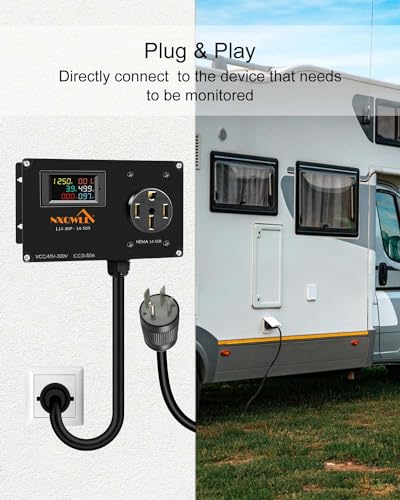 Image of 50A AC Power Meter, L14-30P to NEMA 14-50R Outlet Monitor for Generator, 240V LCD Display Digital Multimeter Tester, 30A to 50A Multifunction Energy Monitor