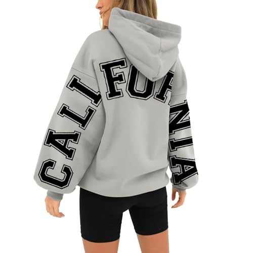 Image of HUIFUAO California Christian Sweatshirts for Women Plus Size New York Paris London Sweatshirts Funny Back Letter Print Pullover Trendy Long Sleeve Tops Streetwear (A05-Grey, XXXL)