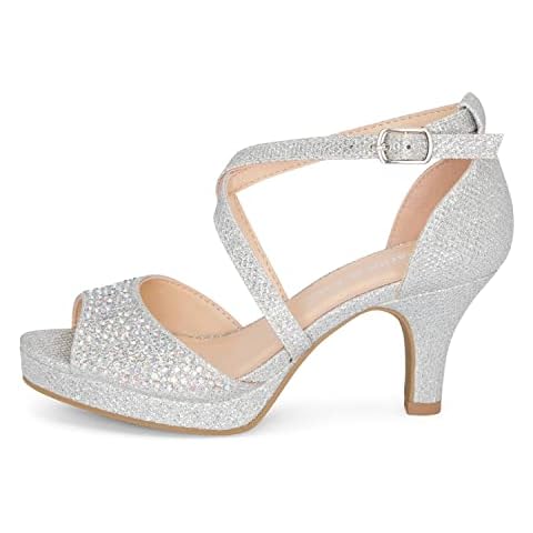Chariot & Co Ginger-IIS - Girls/Kids/Childrens Rhinestone Shiny Strappy Open Toe Shimmer Ankle Strap Party/Wedding Sandal Platform Pumps - 2.5" Kitten Heel (Silver Shimmer, 3) Cover