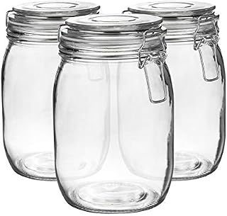 Argon Tableware 6x 1000ml (1 Litre) Clear Glass Storage Jars with White Airtight Silicone Seal and Metal Clip Lids - 33.8oz Large Empty Kitchen Jar Container