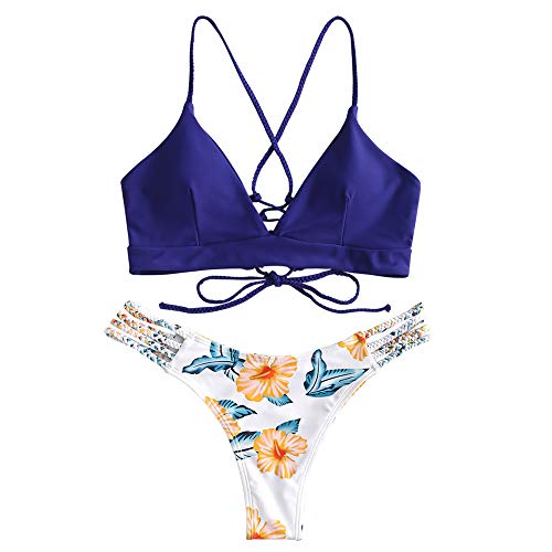 ZAFUL Women Braided Straps Lace Up Bikini Set Bralette Swimsuit Flower Bathing Suit Dark Blue M