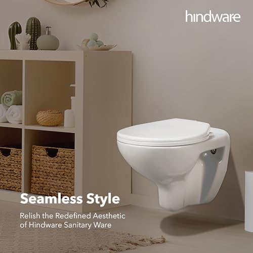 Image of Hindware Flora Wall Hung Western Commode for Bathroom | Made of Ceramic | P-255 Trap | Soft Close Feature | Star White | Geometric Shape | Wall Mount Ewc | 10-Year Manufacturer Warranty