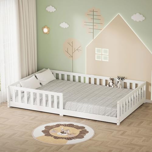 ML-Design Cama de Suelo Infantil 120x200 cm Blanco Madera Maciza de Pino con Somier de Láminas y Protección Anticaída Cuna Doble Lecho para Niños y Bebés Mobiliario para Habitación Juvenil