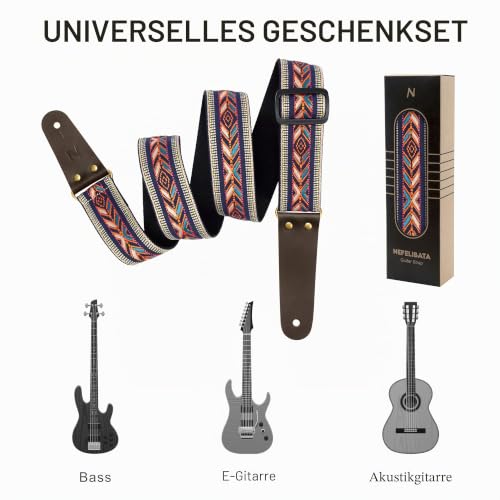 Nefelibata Gitarrengurt, echte Lederenden für Bass-, Elektro- und Akustikgitarren, mit kostenlosem Gurtknopf, 1 Paar Gurtschlössern und 4 Gitarrenplektren