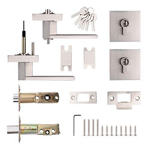 Gobekor 1 Keyed Alike Front Door Lever Lockset With Double Cylinder Deadbolt With Same Key, Satin Nickel Finished,Square Rosette #TOP6