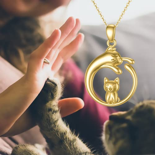 Sisgem Real Gold Cat Necklace For Women Girls,14K Yellow Gold Cute Pet Pendant Necklace Animal Lover Jewelry Gifts For Birthday Christmas 16+1+1 Inch #TOP1