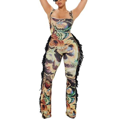 ksotutm Floral Print Sexy Jumpsuits for Women Sleeveless Fringe Jumpsuit