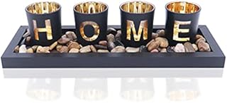 Candle Holder Set, Includes 4 Glass Cups, Natural Stones and Wooden Tray for Table Home Decorations (Home)