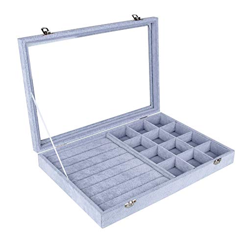 Preisvergleich Produktbild DesignSter Schmuckschatulle mit Glasdeckel, Aufbewahrungsschachtel aus grauen Samtglasohrringen mit 7 Schlitzen und 12 Gittern, Zwei in einem Schmuck-Organizer-Etui für Halskette, Armbänder, Uhren