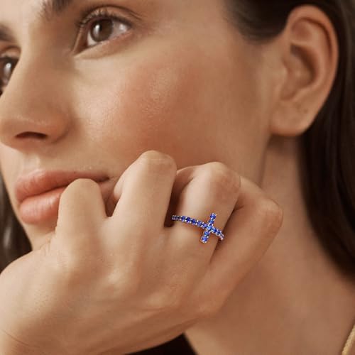 DAYBYDAY Cross Ring for Women 925 Sterling Silver Black Moissanite/Blue Sapphire Sideways Cross Rings Half Eternity Stackable Anniversary Wedding Bands Christian Religious Jewelry3