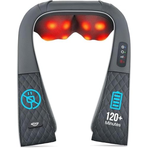ALLJOY Nackenmassagegerät mit Wärme, 2200mAh Akku Kabellos, Massagegerät für Nacken Schulter Rücken, Shiatsu Massage mit 20 Min. Auto-Off & Tasche