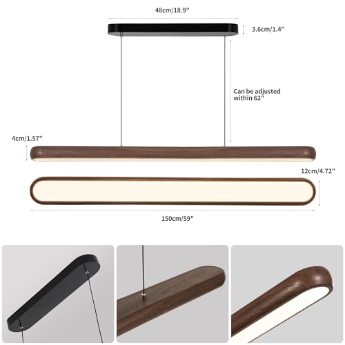 47" Wood Grain Pendant Lights Kitchen Island Lights LED Linear Hanging Light Modern Chandelier for Dining Room Table Dimmable with Remote Control & Memory Function Lighting Fixture by IYJOPE - Used condition - Image 6