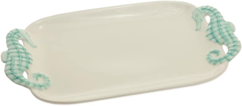Boston InternationalServing Platter Everyday Coastal Ceramic Tableware, 14.25 x 8.5-Inches, Lagoon Life Seahorse