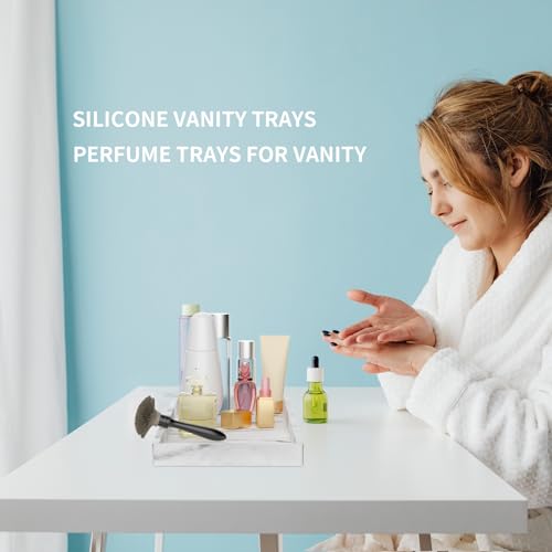 Image of BBK Bathroom Vanity Tray - 2 Pack (7.8 inch and 11.8 inch) Silicone Bathroom Trays for Counter, Perfume Key Trinket Ring Tray, Decor Soap Dispenser Countertop Tray for Kitchen Sink Organization (Marble Gray)