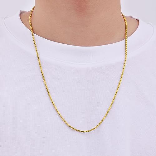 Fiusem Gold Plated Rope Chain for Men, 18K Gold Plated Chain Necklace, Stainless Steel Necklace for Men and Women3