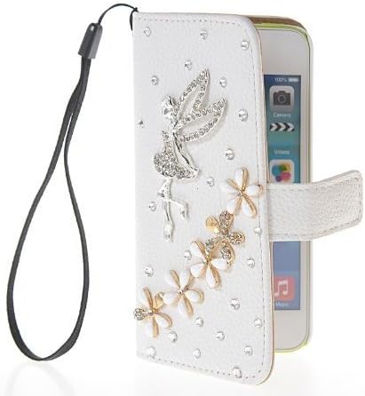 PUNKPHONE (TM) New Style Handmade Bling Rhinestone Crystal Flip White Leather Wallet Card Pouch Stand Case Cover for Apple Iphone 5c, 5 / 5s, 4 /4s, Samsung Glaxy S3 I9300, Samsung Glaxy S4 I9500 - (iphone 5/5s, Silver Angel & 5 Flowers)