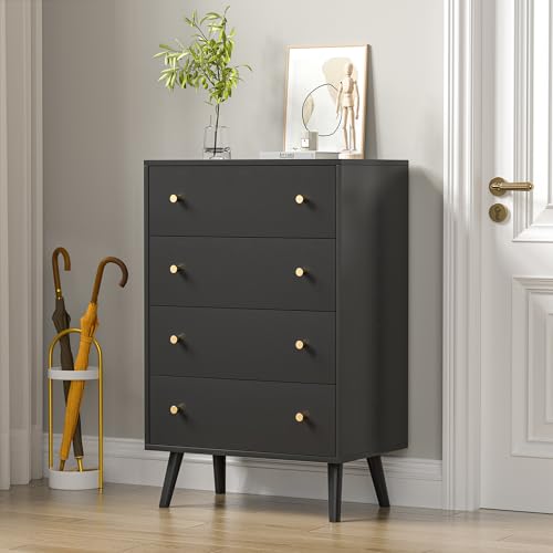 Image of HOUROM Black Dresser, Modern Tall 4 Drawer Dressers, Wood Chest of Drawers for Living Room, Hallway, Entryway, Home Office