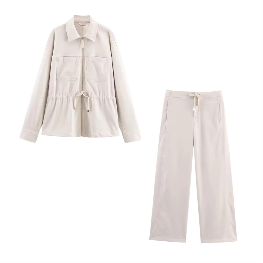 Women Long Sleeves Lapel Zipper Pocket High Waist Elastic Waist Wide Leg Pants Fall 2-Piece Set