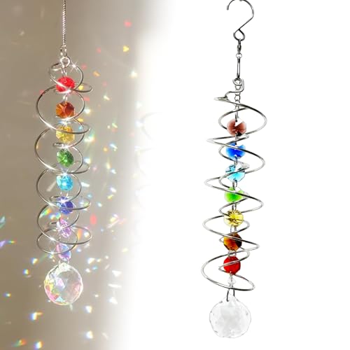 Image of "10.4 Inch Rainbow Crystal Sun Catcher for Garden - Handmade Octagonal Beads & Spiral Wind Spinner with Stainless Steel Chain, Outdoor Hanging Decor for Patio, Balcony, Gift (Transparent)