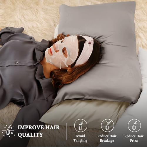 Image of BHZ Goose Down Feather Pillows King Size Set of 2 with Satin Pillowcases, Hotel Bed Pillows for Sleeping Soft Pillow for Side and Back Sleepers with Silk Pillow Cases for Hot Sleepers, Grey