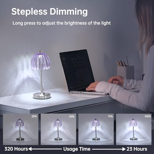 Image of Shenmoyl Tulip Table Lamp with 5200mAh Battery & Touch Control, Cordless Small Table Lamp with 3 Colors, Dimmable Rechargeable Table Lamps for Living Room, Bedroom, Desk, Bedside (Clear Purple Tulip)