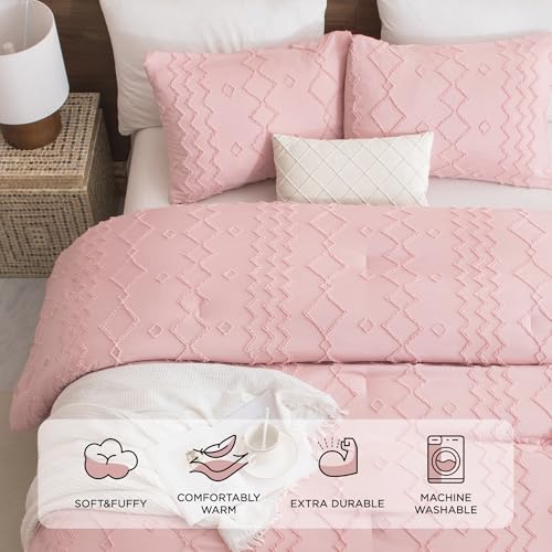 Image of Andency Pink Tufted Comforter Set Queen(90x90Inch), 3 Pieces(1 Boho Comforter, 2 Pillowcases) Textured Farmhouse, Soft Down Alternative Geometric Bedding Set