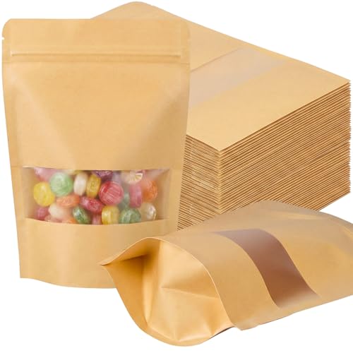 Geosar 300 Pcs Kraft Bags with Window Stand Up 5.5 X 8 Inch Pouches