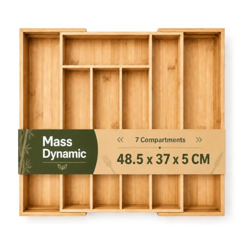 MASS DYNAMIC Cutlery Drawer Organiser, Expandable Bamboo Cutlery Tray for Kitchen Utensil, Adjustable Silverware and Flatware Holder, 7 Slots Storage for Spoons Forks Knives