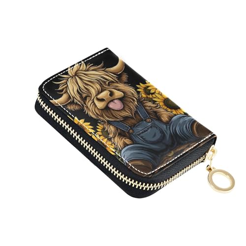 GAIGEO Credit Card Protector RFID Blocking Leather Womens Wallets Zip Around Coin Purse Pouch with Zipper Sunflower Cute Highland Cow