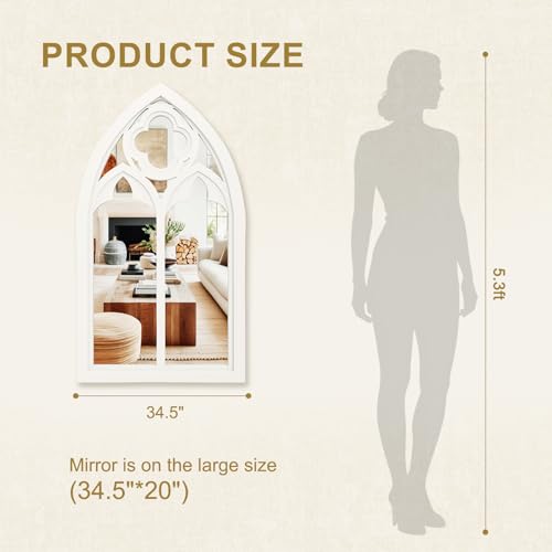 Gothic Arched White Mirror for Wall Decor - 34"X20" Large Rustic Farmhouse Cathedral Window Pane Mirrors Decorative Arch Wall Mirror Home Decor for Entryway, Fireplace, Living Room, Hallway, Bedroom — view 4