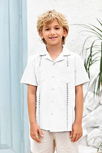Boys Guayabera Shirts Cuban Short Sleeve Tops Casual Button Down Beach Shirt Spread Collar Solid Summer Blouse White #TOP1