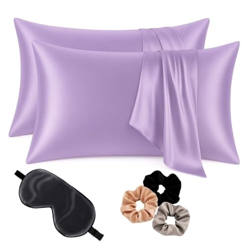 Image of Premium Satin Pillowcase Set of 2 with Eye Mask & 3 Scrunchies | Silky Soft, Anti-Frizz, Skin & Hair Care Sleep Set | Luxury Gift Combo for Women & Girls (Lavender)