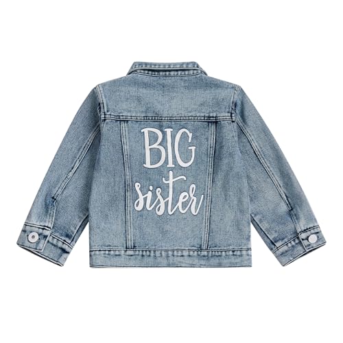 Little Girl Denim Jacket Back Letter Print Collared Long Sleeve Button-up Big Sister Jeans Coat Fall Winter Jackets
