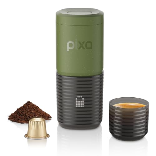 Image of WACACO Pixapresso Espresso Machine Electric & Portable (Olive Green) | 4 Coffee Types, Fast Heat-up, 3 x 3000mAh Battery, Patented 8-16g Basket, Grounds & Capsules, Touchscreen, For Travel Camping