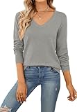 QUALFORT Women's Grey V Neck Sweater Pull Over Soft Knitwear Heather Gray Small