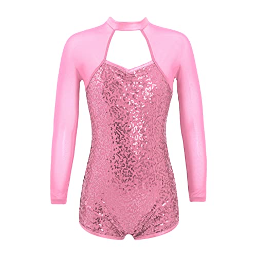 Manyakai Mädchen Turnanzug Glänzend Pailletten Balletttrikot Langarm Tanzbody Gymnastik Leotard Mit Mesh Ärmel Patchwork Kinder Tanz Outfit Ballettkleidung Rosa 116 Cover