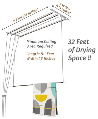 Image of Synergy - 4 Pipes x 8 Feet - Heavy Duty - Stainless Steel Ceiling Cloth Dryer for Balcony | Cloth Drying Rope with Pulley | Cloth Hanging Stand | Clothes Drying Stand Wall Mounted - (SY-CL5-4P)