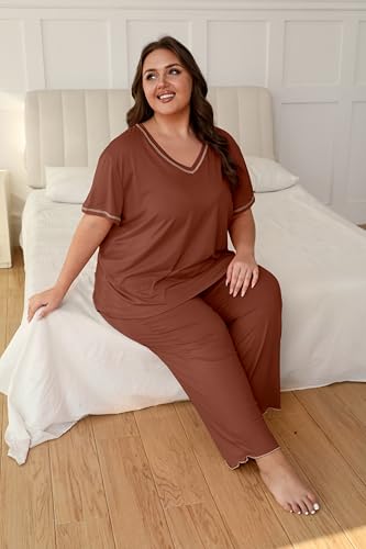Image of Vozanet Women's Plus Size Pajama Sets Short Sleeve Long Pants Solid Color with Piping Trim Elegant Loungewear Cozy Sleepwear