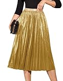 DRESSTELLS Gold Pleated Midi Skirts for Women, Fall Aline Metallic Shiny Long Elastic High Waisted Shirring Swing Holiday Party Skirt 2025 L