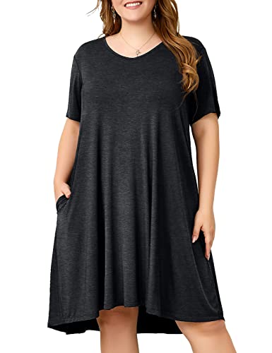 Image of OVERWORETY Womens Short Sleeve Plus Size T-Shirt Dress V Neck Casual Loose Swing A-Line Summer Tunic Dresses with Pockets