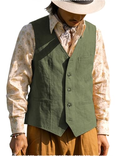 Garqia Clyon Vintage Men's Linen Lightweight Vest Casual Cotton Linen Blend Classic Design Groomsmen Waistcoat Summer (Army Green,XL)