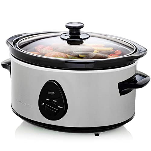 OVENTE-Electric-Slow-Cooker-with-3-Cooking-Settings-Dishwasher-Safe-Stoneware-Tempered-Glass-Lid-and-37-Quart-Oval-Ceramic-Pot-Perfect-for-Entrees-Soups-Sauces-Stews-and-Dips-Silver-SLO35ABR OVENTE Electric Slow Cooker with 3 Cooking Settings Dishwasher Safe Stoneware Tempered Glass Lid and 37 Quart Oval Ceramic Pot Perfect for Entrees Soups Sauces Stews and Dips Silver SLO35ABR