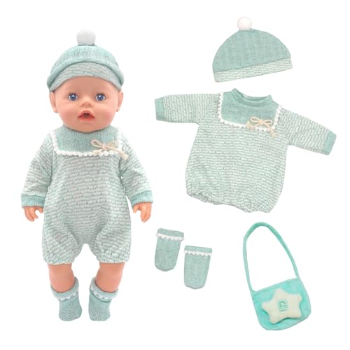 Puppenkleider Outfits für 14-18 Zoll Baby Puppen Puppenkleidung Grüner Jumpsuit mit Socken, Hut und Tasche Puppenkleidungsset, Puppenzubehör Passend für 30–45 cm Geschenke für Kinder (Keine Puppe)